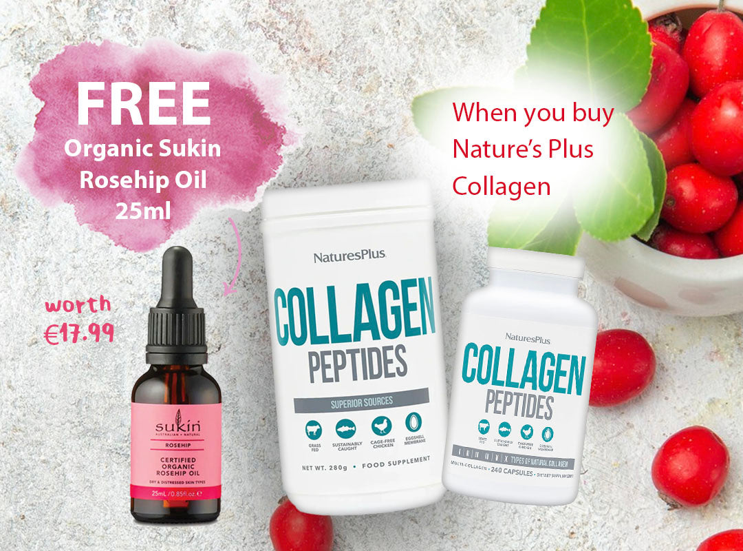 Free Sukin Organic Rosehip Oil 25ml worth €17.99 with Nature's Plus Collagen Purchase