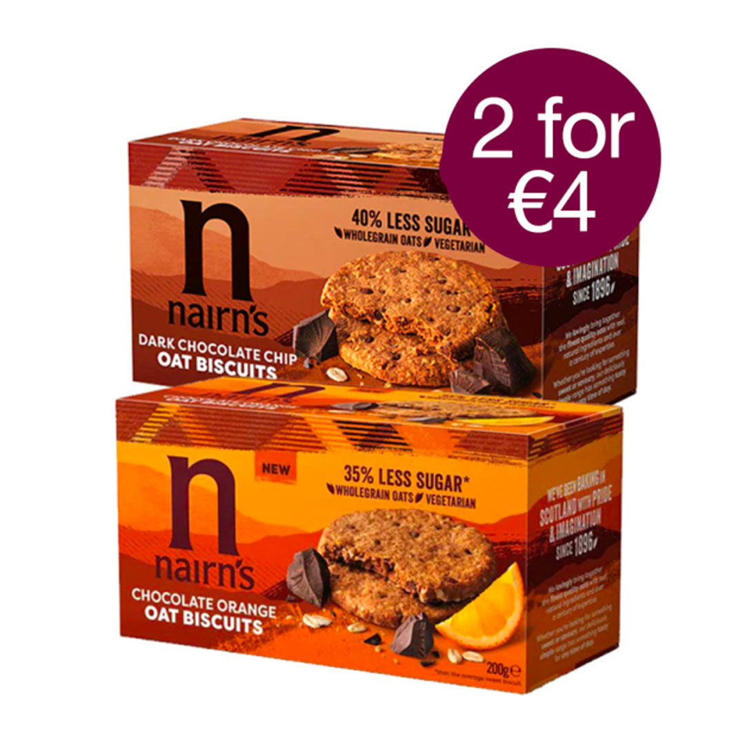 2 for €4 Nairn's Dark Chocolate & Orange Oat / Dark Chocolate Chip Oat Biscuits