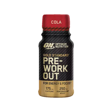 Optimum Nutrition Gold Standard Pre-Workout bottle with cola flavor on a white background