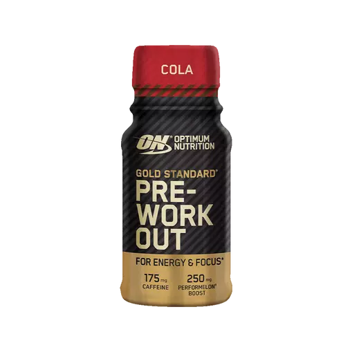 Optimum Nutrition Gold Standard Pre-Workout bottle with cola flavor on a white background